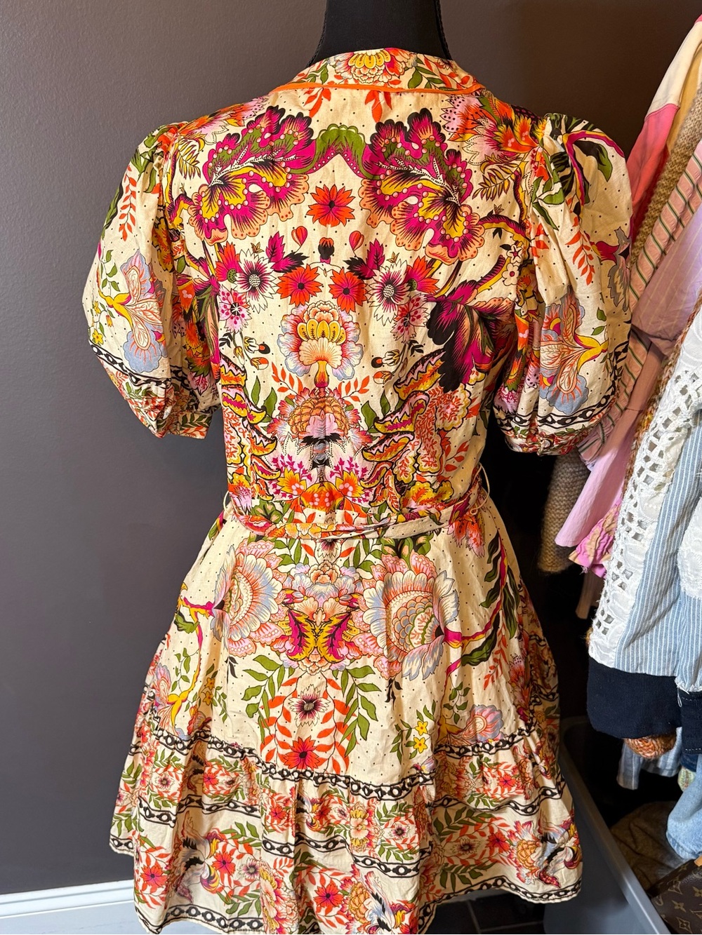 Cream Floral Puff-Sleeve Mini Dress with Tie Waist - Picture 3 of 4
